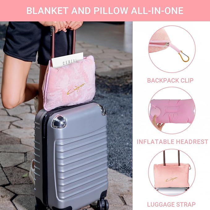 Travel Blanket & Pillow Set, 300 GSM Soft Fleece, 60x43 Inches, 3-in-1 Airplane Blanket, Travel Pillow and Blanket Set, Travel Blanket Airplane Compact with Bag, Travel Essentials, Pink