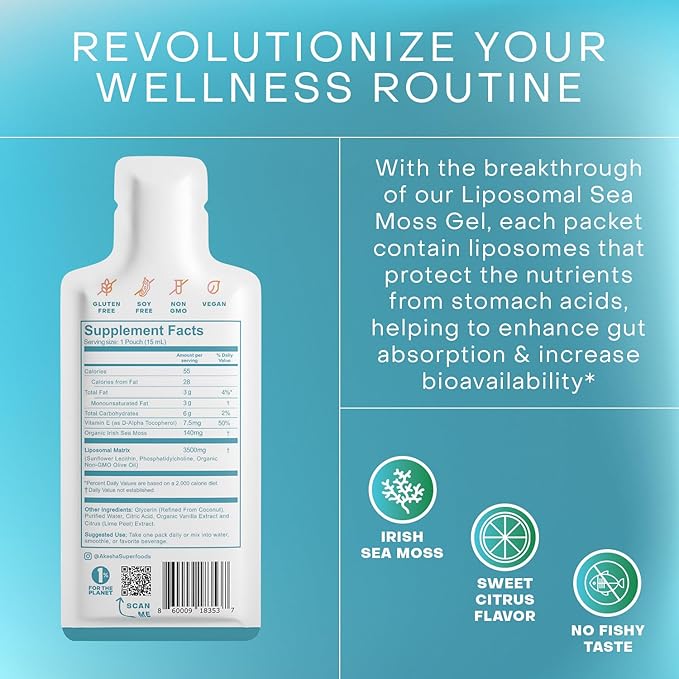 Akasha Superfoods Irish Sea Moss Gel, Liposomal Seamoss with Irish Sea Moss, Vitamin E, Citrus, Organic Vanilla, Glycerin, Skin, Energy & Gut Health Support for Women & Men, Sweet Citrus Flavor, 30 Ct