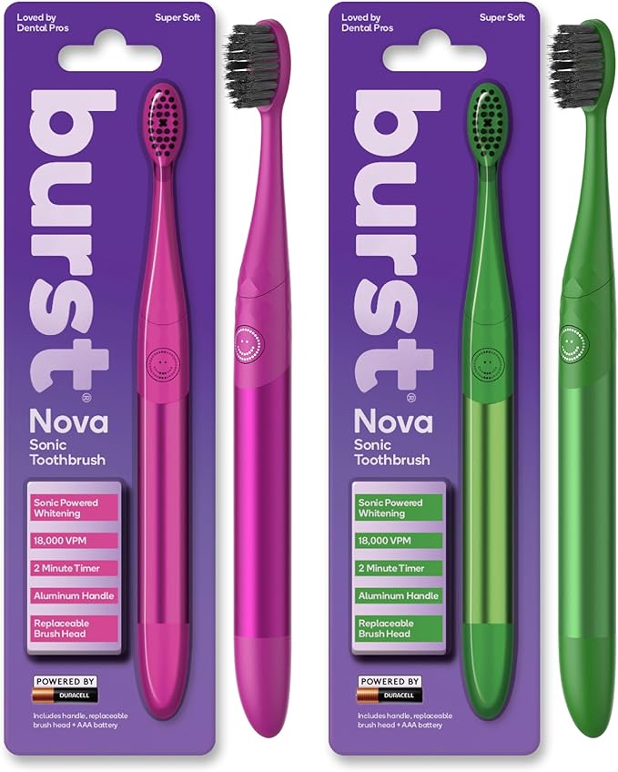 Burst Nova Toothbrush (2 Pack/Pink & Green) | Sonic Powered Teeth Whitening | Super-Soft Bristles | 18000 VPM | 2 Minute Timer | Aluminum Handle | Replaceable Brush Head | Compact Size | AAA Battery