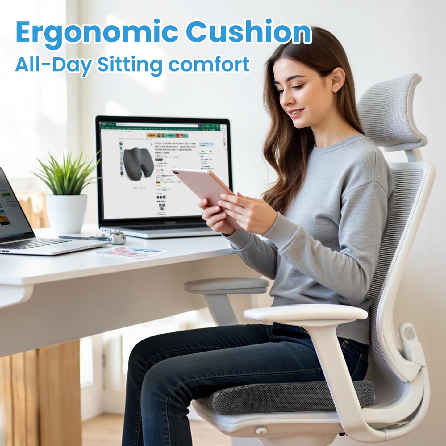 TushGuard Seat Cushion - Memory Foam Cushion for Office Chair, Car Seat, Airplane, Bleacher - Sciatica & Hip & Coccyx Pain Relief Desk Chair Cushion for Long Sitting Office Workers, Car Drivers