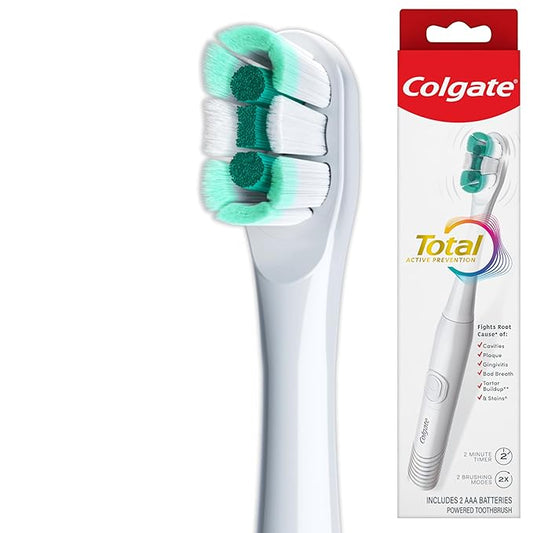 Colgate Total Battery Powered Toothbrush, 1 Pack, Soft Bristled Battery Toothbrush for Adults, Includes 2 AAA Batteries and Built in 2 Minute Timer, Sensitive and Regular Brushing Modes, White