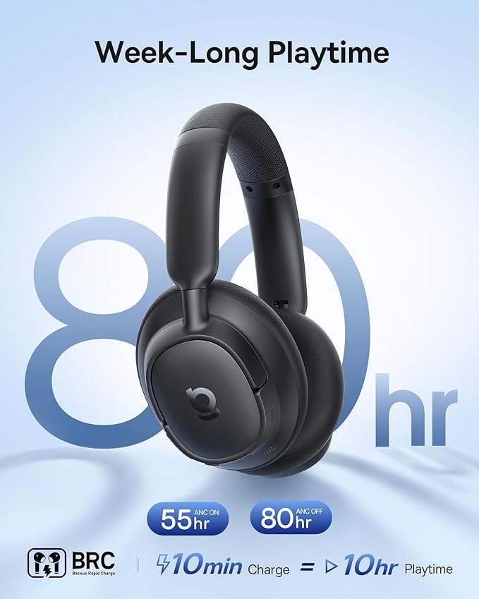 Baseus Bass BH1 NC Adaptive Active Noise Cancelling Headphones, Real-Time Adaptive Hybrid ANC, SuperBass 2.0, LDAC Hi-Res Sound, 80H Playtime, 5-Mic AI Clear Calls, Comfortable Fit, Bluetooth 6.0