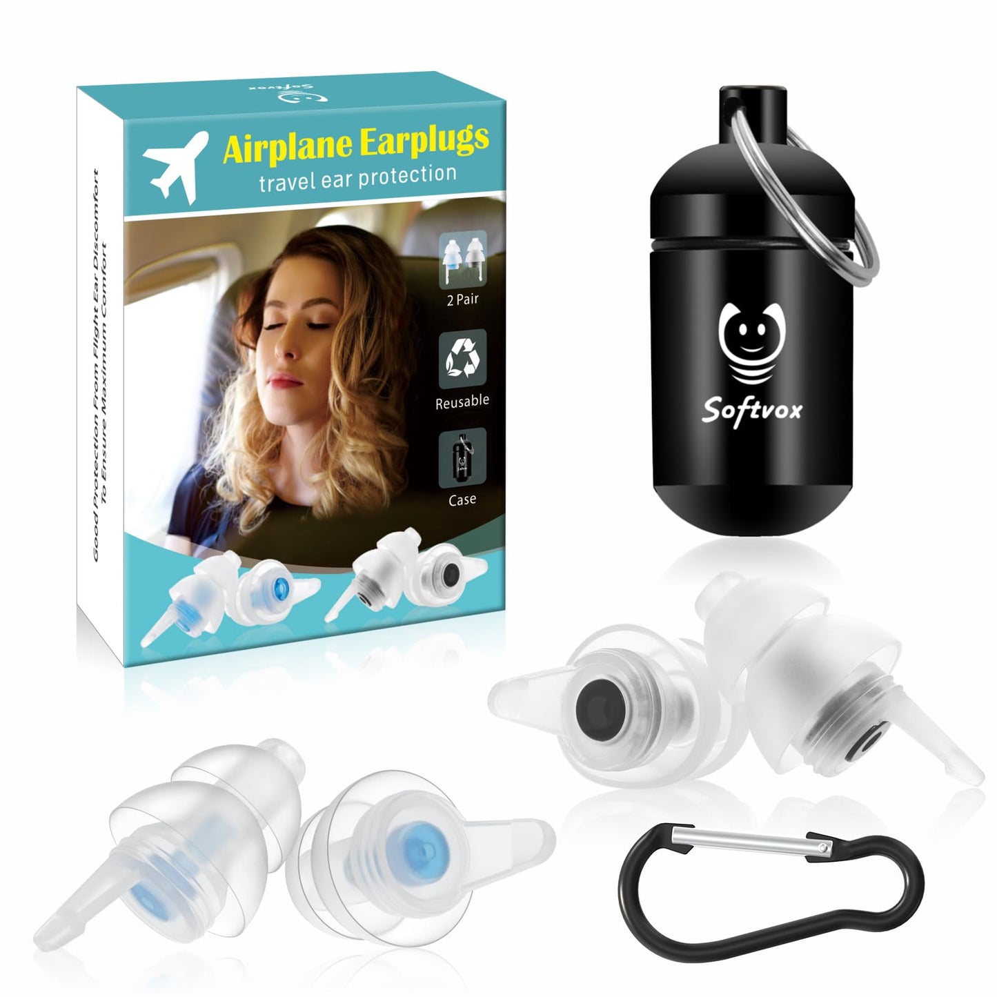 Softvox Airplane Ear Plugs Pressure Relief Earplugs 2 Pairs, Prevent Ear-Pain & Reduce Noise 25dB - Flight Essentials, Reusable Soft Plane Earbuds for Adult/Kids 12+, Travel Ear Protection Air Plugs