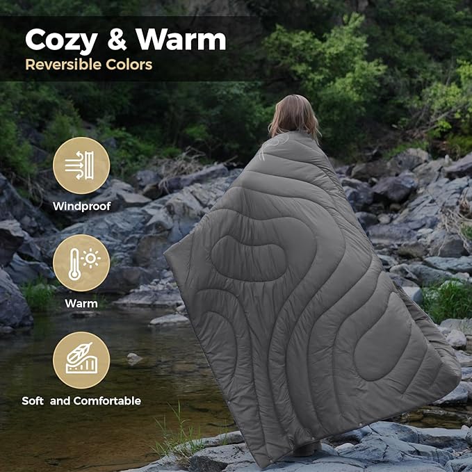 KingCamp Ultralight Camping Blanket Packable Down Alternative Puffy Wearable Blankets Weatherproof Warm Package Quilt with Snap Buttons & Corner Loops for Outdoor Travel Stadium (69" L x 53" W, Grey)
