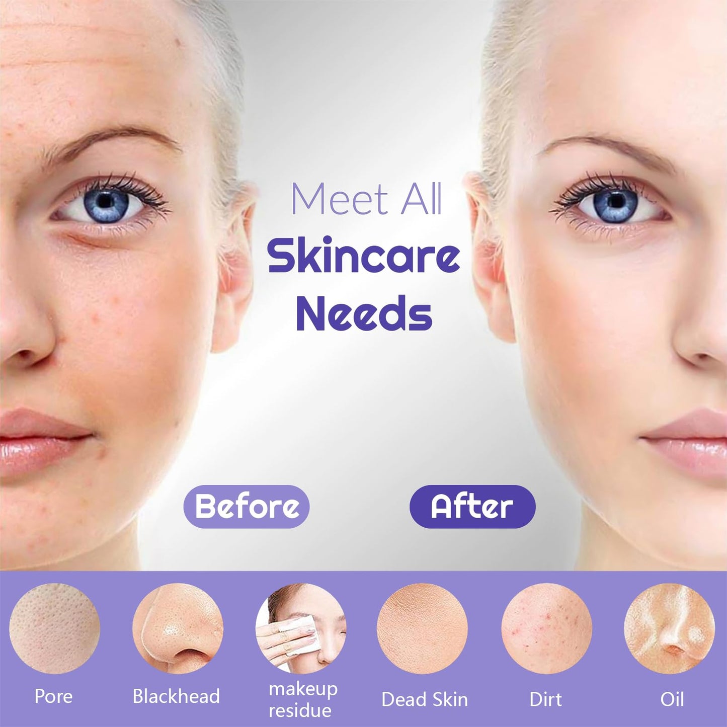 ADINC Silicone Face Scrubber, Waterproof Rechargeable Facial Cleansing Brush, 5 Cleansing Modes with Nose Brush for Women & Men Electric Face Wash Brush for Deep Cleaning Exfoliating, Massaging Purple