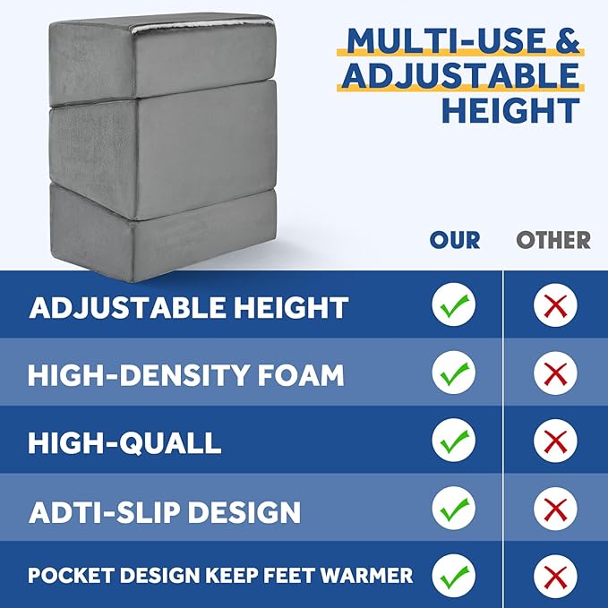 Foot Rest for Under Desk at Work, Adjustable Footrest for Office Chair & Gaming Chair,Ergonomic Footrest Pillow Desk Foot Stool with Washable Cover for Home, Airplane, Travel (Gray)