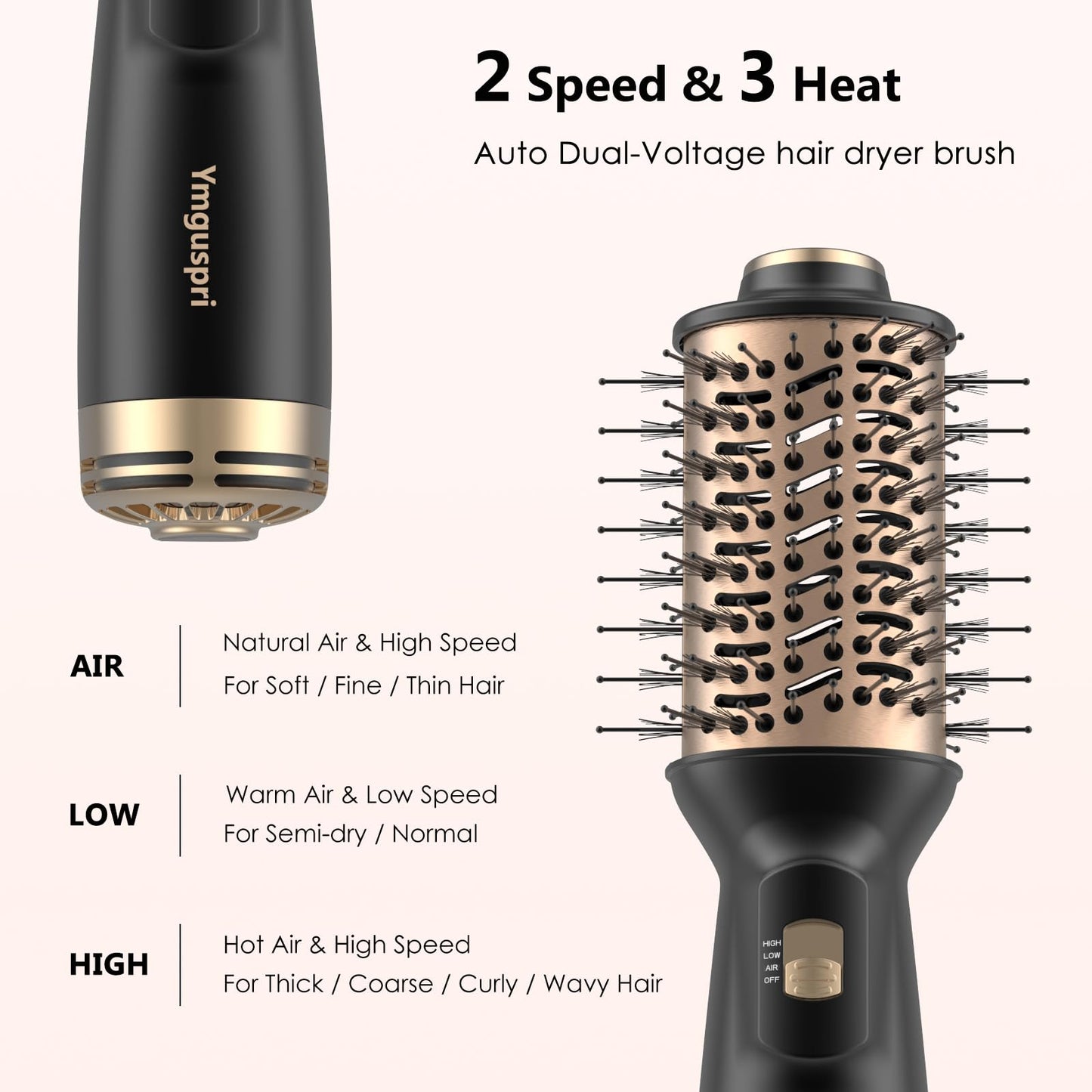 4-in-1 Dual Voltage Hair Dryer Brush, Mini Auto Blow Dryer Brush for European Travel(100-240V), 2 Inch Hot Air One Step Hair Dryer and Styler for Volumizer/Straightener/Curler with EU&UK Plug