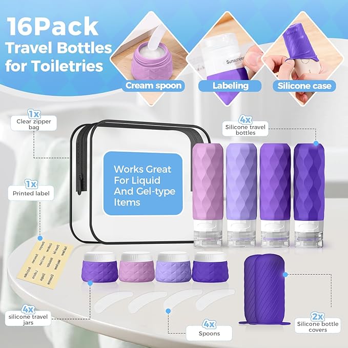 16Pack Travel Bottles for Toiletries, TSA Approved Travel Size Toiletries Containers Set, Silicone Leak Proof Refillable Bottles Elastic Sleeves Creams Jars Accessories Kit W/Clear Bag (Purple)