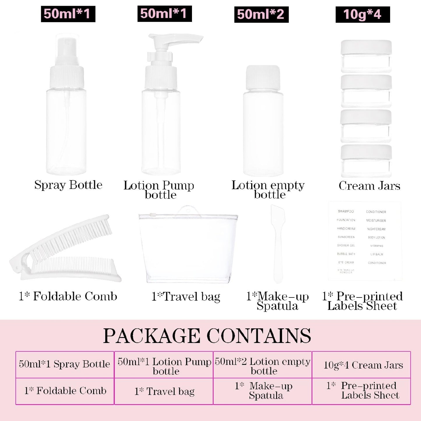 Portable Travel Bottles Kit, Upgraded TSA Approved Leak Proof Toiletry Containers Set, Clear PET Flight Size Cosmetic Containers for Lotion, Shampoo, Cream, Soap, Set of 12, White
