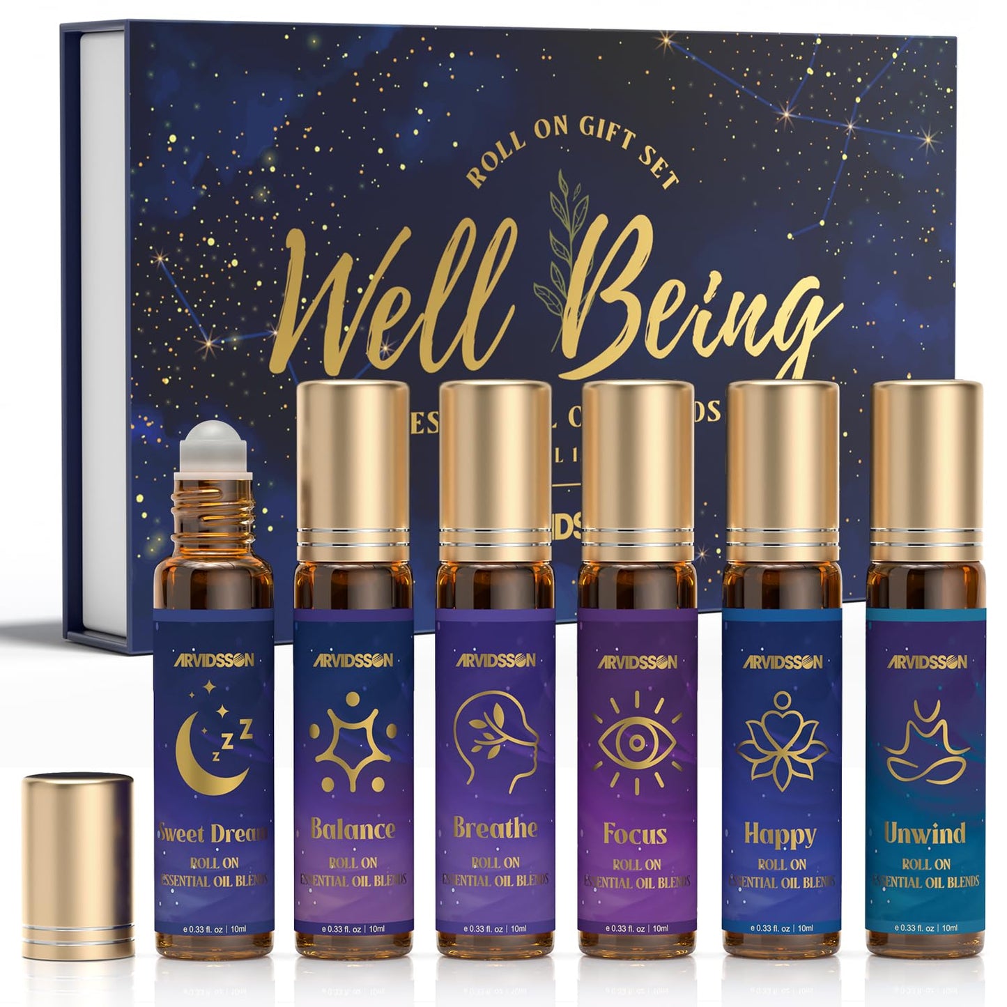 Essential Oils Roll On Set, Natural Aromatherapy Oil Roller for Body, Skin, Massage, Essential Oil Blends - Sweet Dream, Unwind, Breahte, Balance, Focus, Happy, Gifts for Women