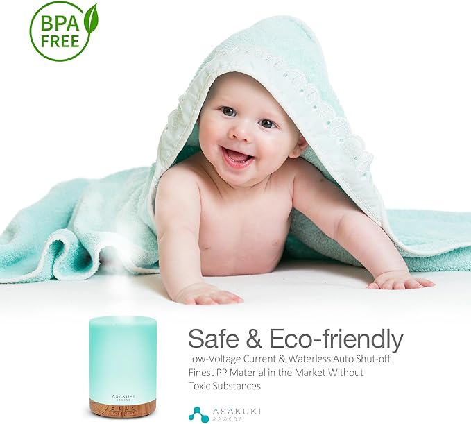 ASAKUKI 300ML Essential Oil Diffuser, Quiet 5-in-1 Premium Humidifier, Home Fragrance Aroma Diffuser with 7 LED Color Changing Light and Auto-Off Switch -Light Brown