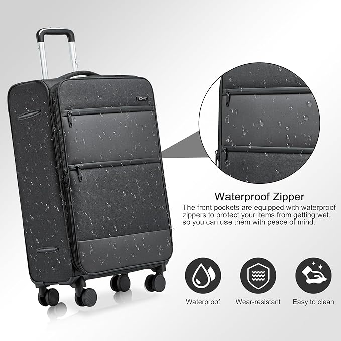 Kono 24 Inch Softside Expandable Checked Luggage with 8 Spinner Wheels TSA Lock Softshell Lightweight Business Travel Suitcase for Men and Women, Black