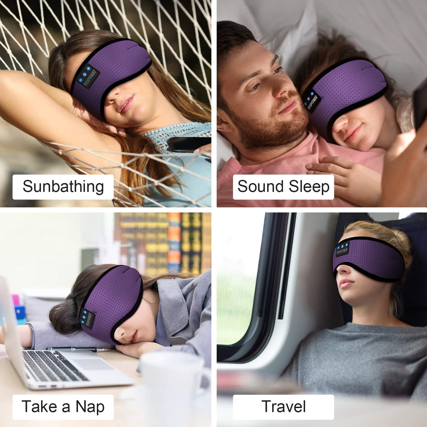TOPOINT Sleep Mask with Bluetooth Headphones, Breathable Silk Eye Mask for Sleeping Men Women, Bluetooth Sleep Mask Blackout with Speakers, Microphone Handsfree, USB C for Travel Meditation Gifts