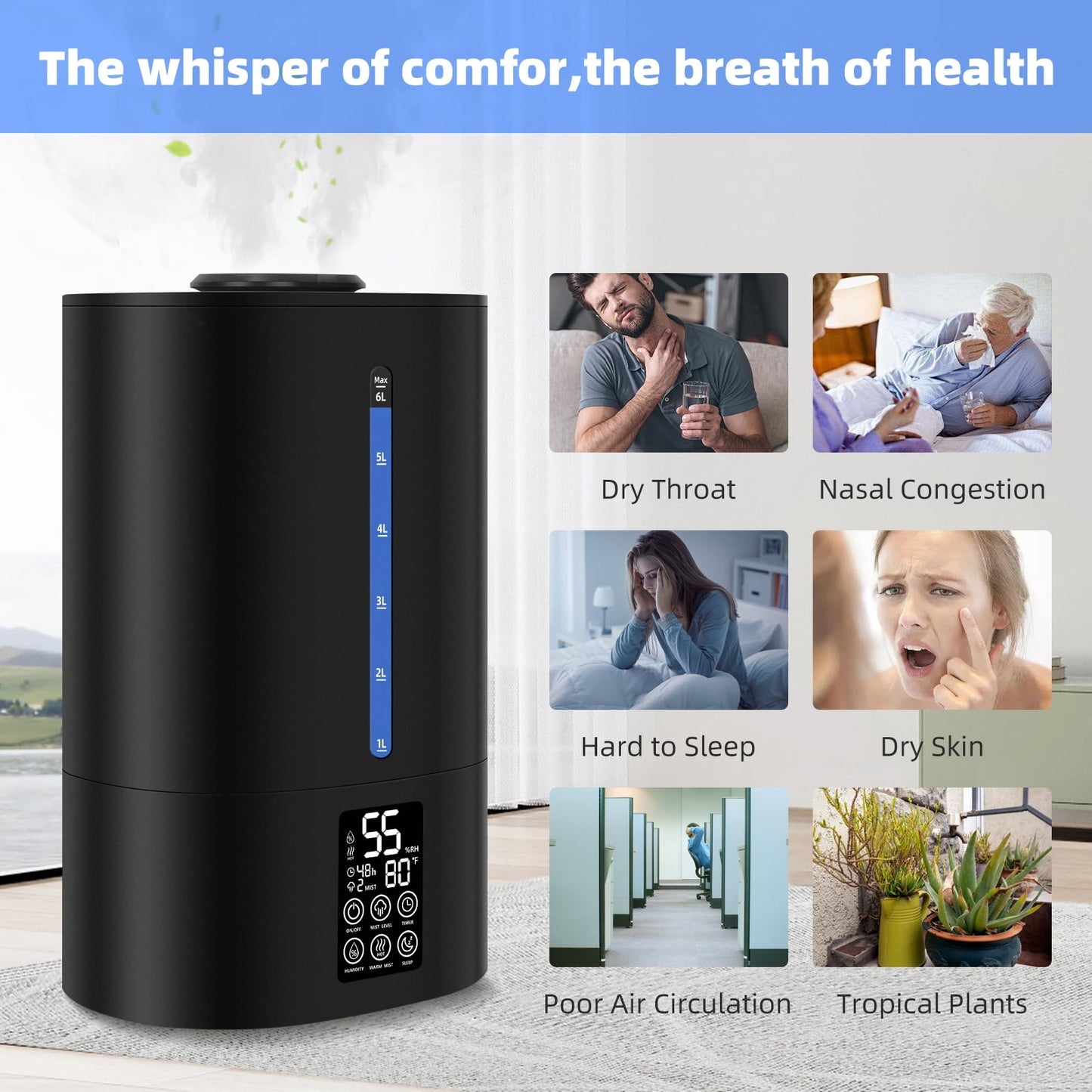6L Humidifiers for Bedroom Large Room Home, Cool and Warm Humidifier for Plants Mist Top Fill Desk Humidifier Essential Oil Diffuser, Quiet Humidifiers with Adjustable Mist,360°Nozzle-Midnight Black