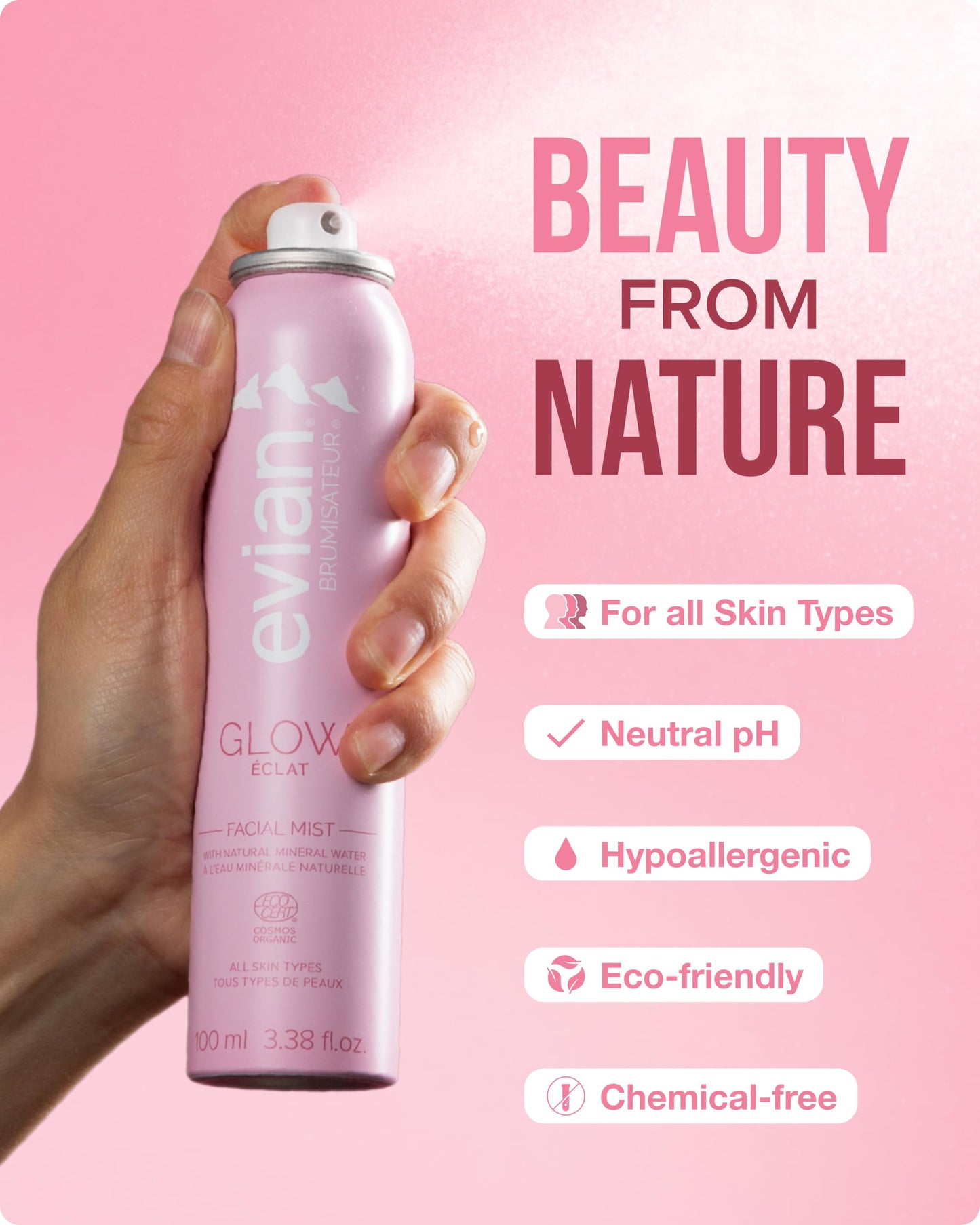 BRUMISATEUR Evian Glow Facial Mist | Hydrating Mineral Water Face Spray with Aloe & White Tea | Dewy Setting Mist & Toner for Glowing Skin | Facial Spray to Refresh, Balance, & Enhance Makeup