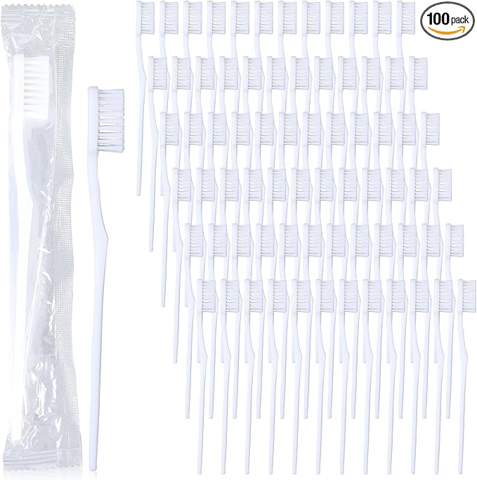 100 pcs Bulk Toothbrushes Individually Wrapped, White Manual Disposable Travel Toothbrush for Adult, Soft Bristles for Homeless,Travel, Hotels
