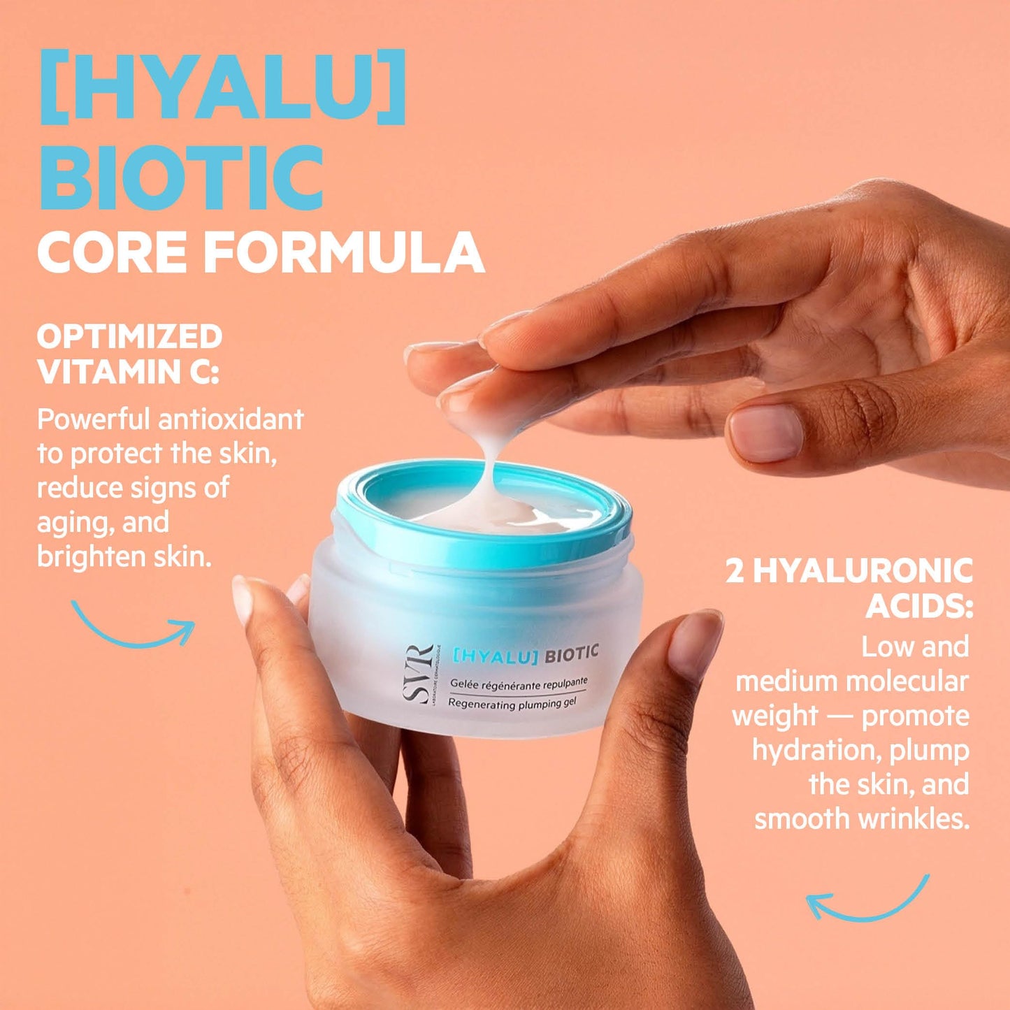 SVR HYALU Biotic Regenerating Face Moisturizer With Hyaluronic Acid, Vitamin C & Probiotics. Intensive Hydration For Normal to Oily Skin. Gel Texture Care, Made In France, 1.7 fl.oz.