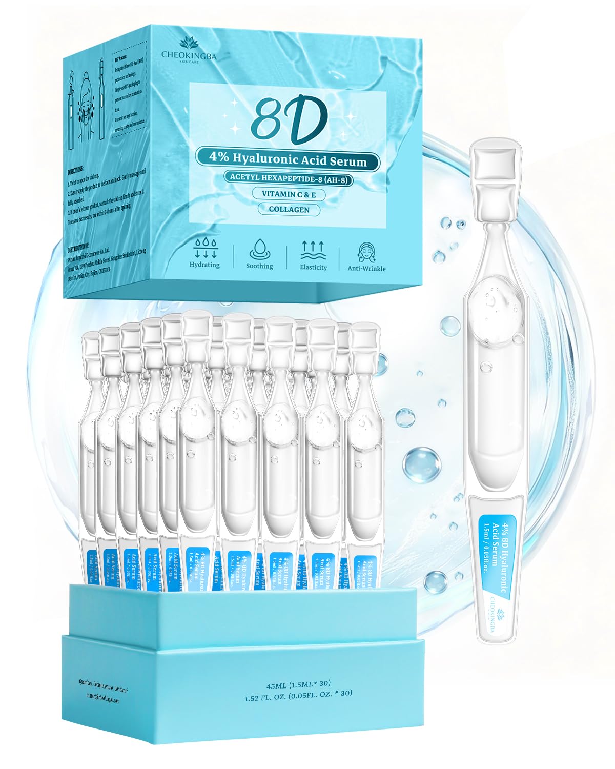 4% Hyaluronic Acid Serum for Face, 8D Multi-Layer Hydration, Ultra Hydrating Anti-Aging Serum with 20,000ppm Acetyl Hexapeptide-8, Korean Skincare Single-Use Ampoule for Dry & Sensitive Skin, 30pcs