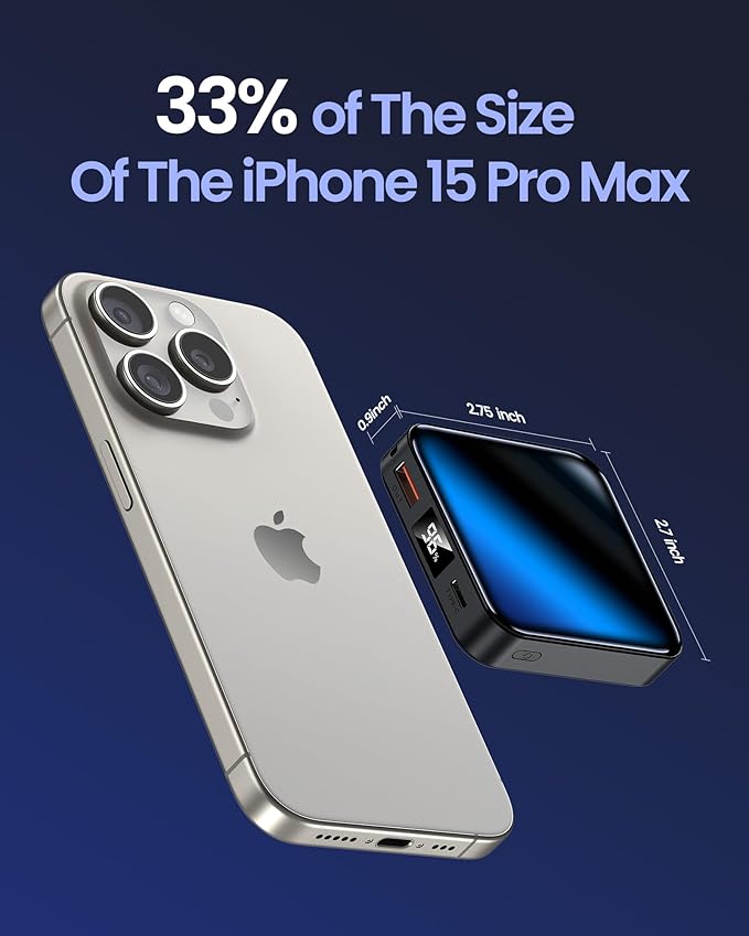 10000mAh Small Power Bank，Fast Charge Mini Portable Charger, USB C Input/Output with External Battery Pack, Smart LED Display，Suitable for iPhone, Samsung, iPad and Tablets.