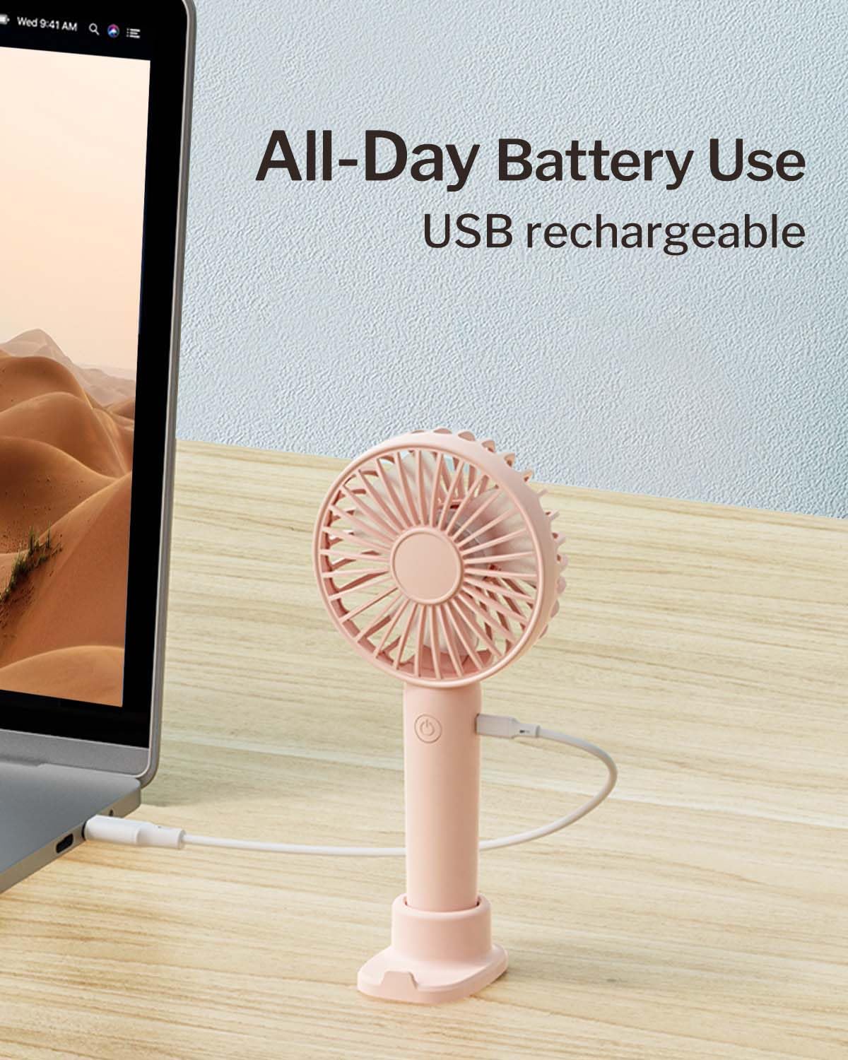 Linlinwill Portable Handheld Fan 2 Pack, USB Rechargeable Mini Fan, Ultra Quiet, 3 Speeds with Phone Holder Base, All Day Battery for Outdoor Indoor (Pink)