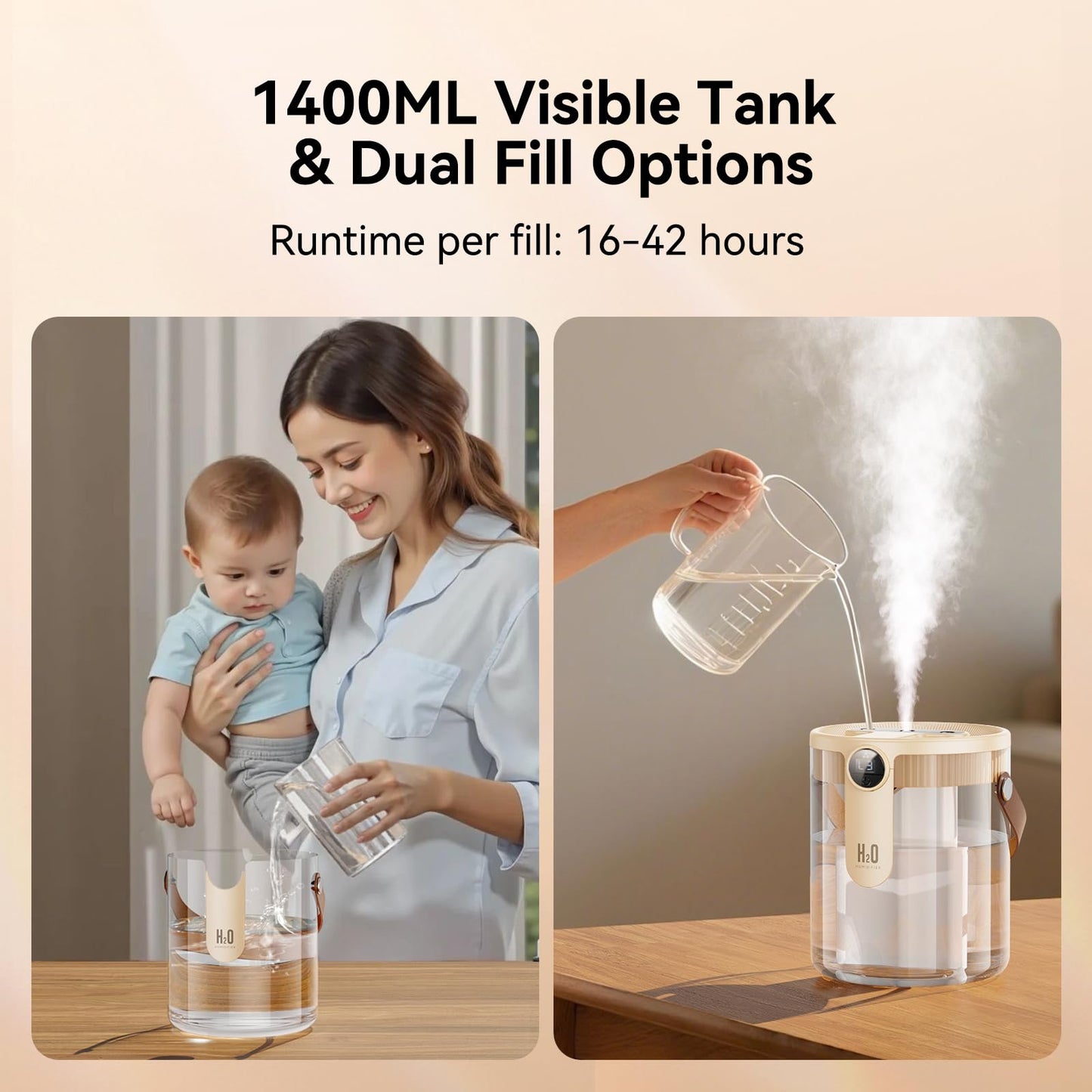 KIMMOO Smart Humidifiers for Bedroom, Rechargeable Top Fill Humidifier with Night Light, 1.4L Cool Mist Humidifier for Office Home Plant and Baby, 3-Speed Mist Control, Quiet, Auto Shut-Off, Beige