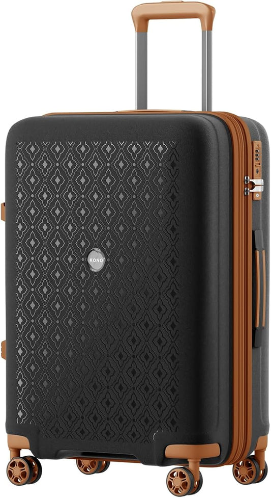 Kono Expandable 24 Inch Hard Shell Travel Luggage, Large capacity for easy travel, Hidden Cup Holder & TSA Lock Lightweight Suitcase - Black/Brown