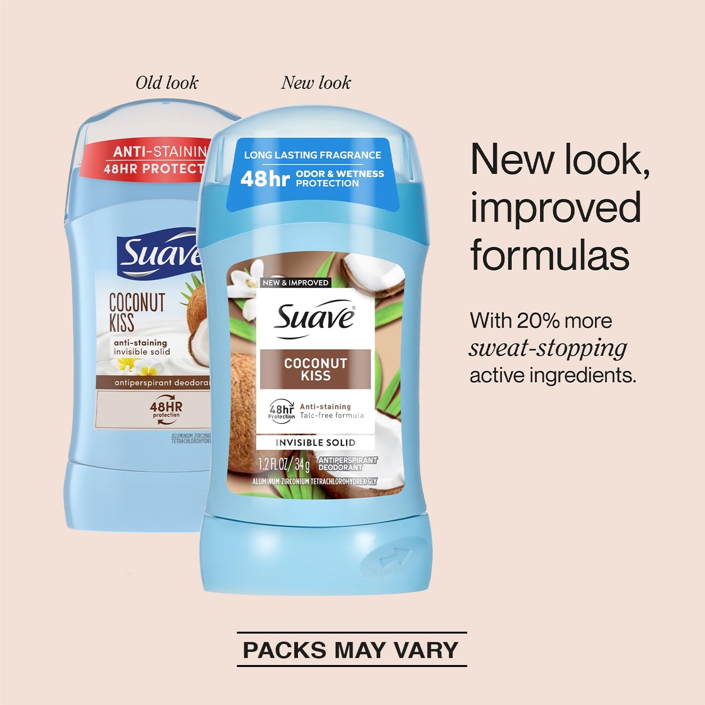 Suave Antiperspirant Deodorant for Women, Coconut Kiss 2-Pack – Anti-Staining Invisible Solid Sticks, Talc-Free, 1.2 Oz Ea