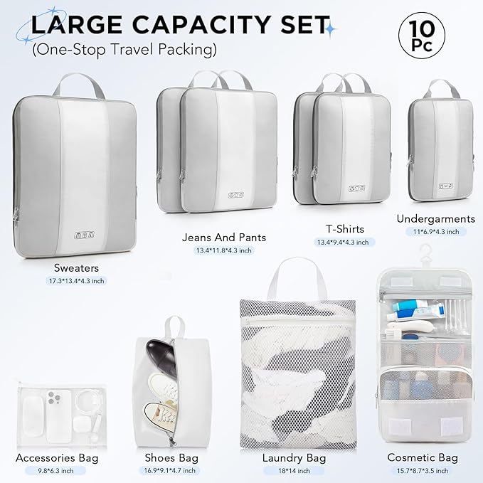 10 Set Compression Packing Cubes for Travel Essentials,Compressible Expandable Packing Cubes for Suitcase,OlarHike Luggage Organizer Bags for Travel,Handy Helper for Organizing Clothes(White)