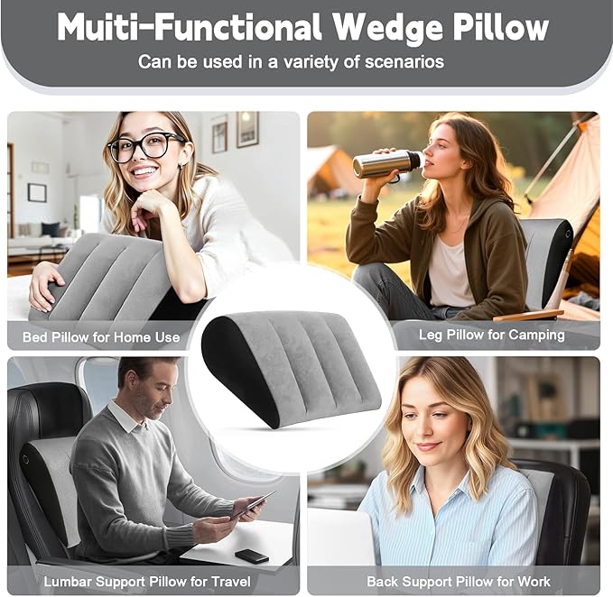 TheClover Inflatable Wedge Pillow for Traveling – Portable Bed Wedge for Sleeping in Bed & Home, Ergonomic Support for Reading, Relaxing & Acid Reflux Relief (Grey)