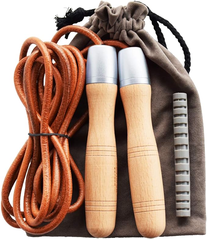 Ahomie Leather Jump Rope, Adjustable Skipping Jumping Ropes, with Rotary Bearing and Pure Wood Handles, for Gym & Home Fitness Workouts