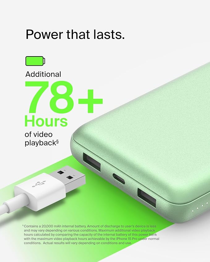 Belkin Portable Charger, USB-C Power Bank 20000 mAh w/ 2X USB-A Ports, 15W w/Type-A to Type-C Cable for iPhone 17, Air, Pro, Samsung Galaxy S25, iPad, Nintendo Switch 2, Google Pixel 10, etc. - Green