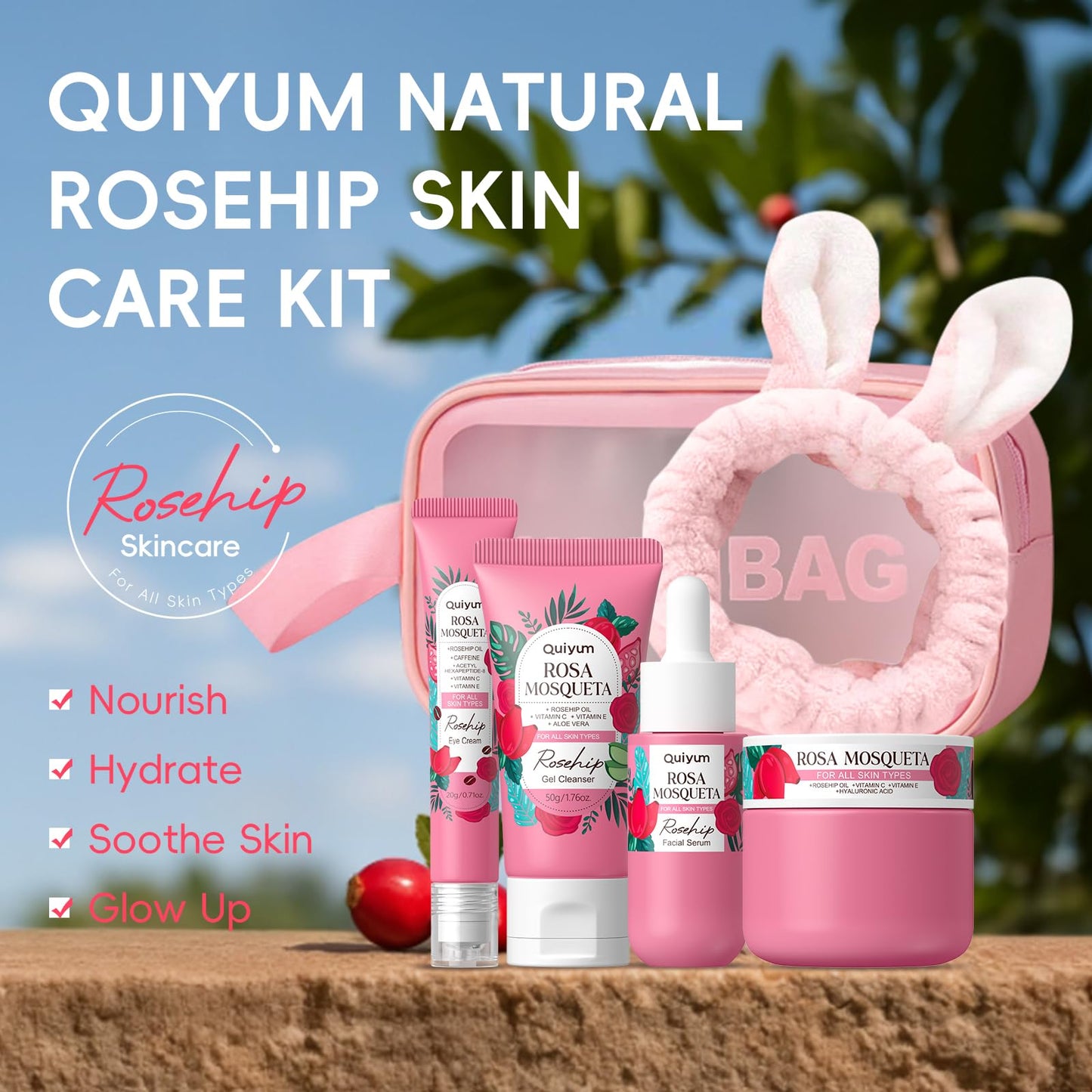 Quiyum Rosehip Skin Care Sets for Women, Nourishes, Resists Oxidation, Promotes Collagen Production, Refine skin texture, Enhances Skin Elasticity, Korean Style Skincare Gift Se, Travel Set 4PCS