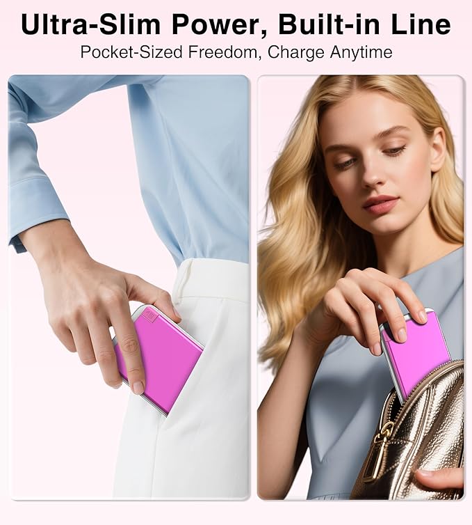 Auskang Thin Portable Charger with Built in Lightning Cable-5000mAh Slim Power Bank Compatible with iPhone 14/13/12/11/X/8/7 Pro Series(Not for iPhone 15 Series) -Thin Battery Pack for Travel