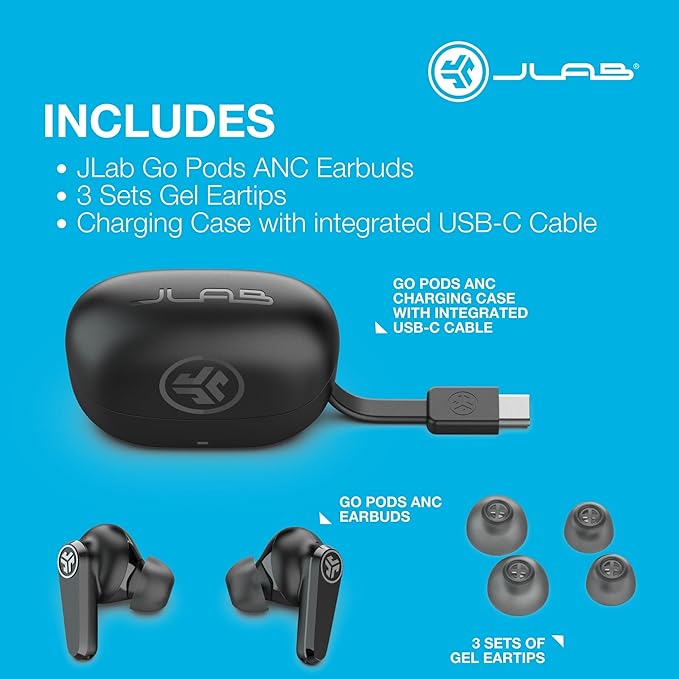 JLab Go Pods ANC True Wireless Bluetooth Earbuds & Charging Case, Hybrid Active Noise canceling + Be Aware for Safe Listening, 26+ Hours Total Playtime, Clear Calls, Custom Sound via App, Lilac