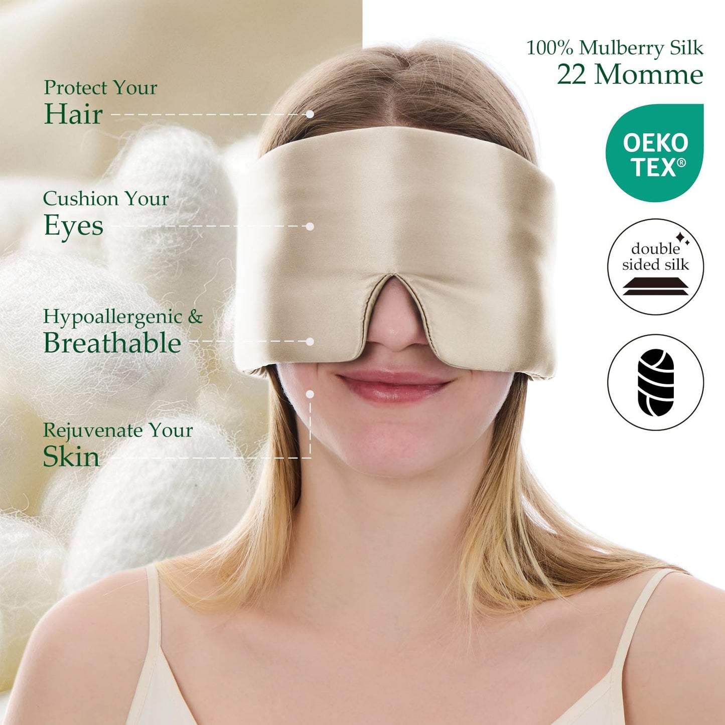 SGMSILK 100% Mulberry Silk Sleep Mask, Large Size Travel Eye Masks for Side Sleepers, Adjustable Sleeping Mask for Women and Men, 100% Blackout Eye Mask for Sleeping Champagne