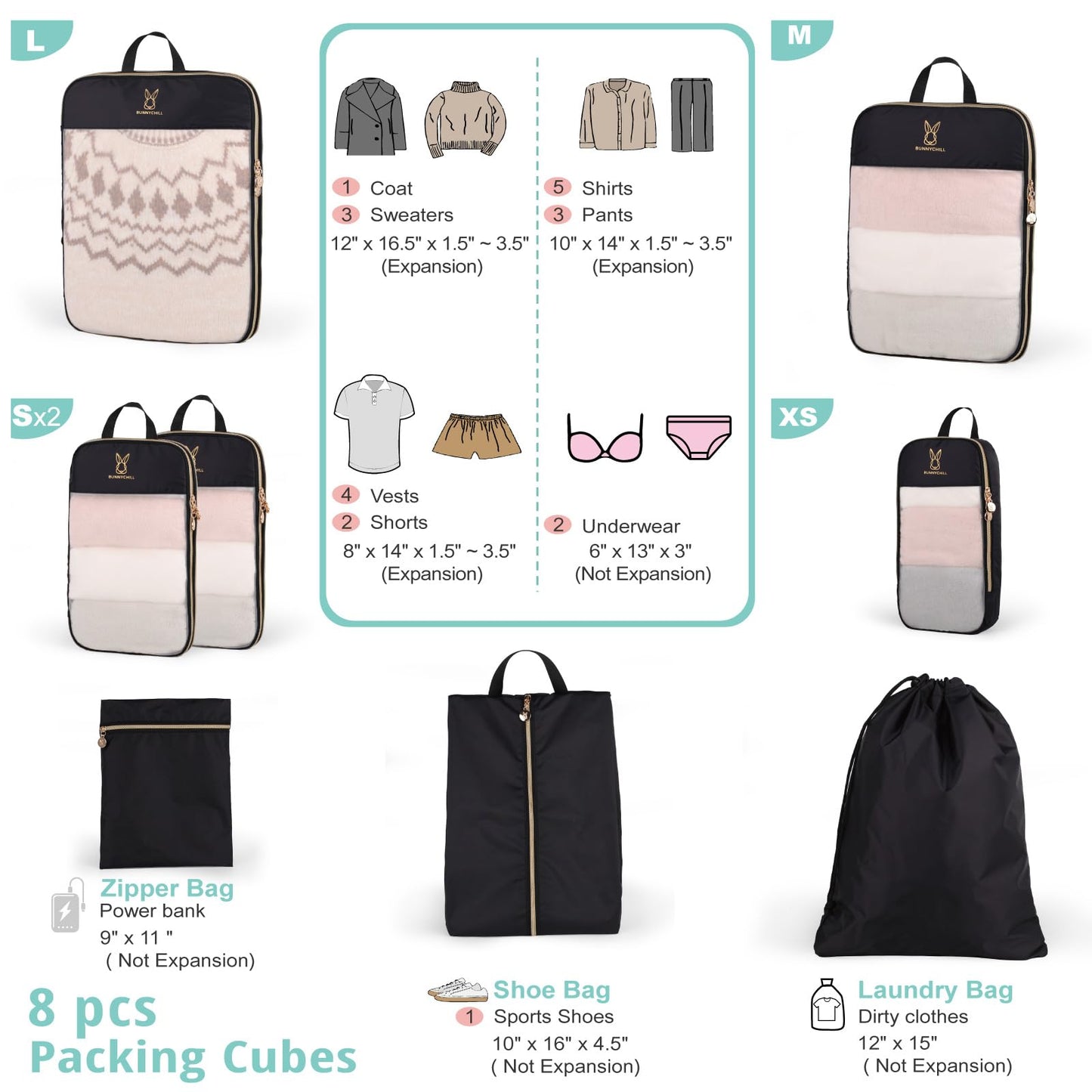 See Through Expandable Compression Packing Cubes, Mesh Travel Packing Cubes for Suitcases, Lightweight Organizers Bag Set for Travel Essentials for Luggage(Black,8 Set)