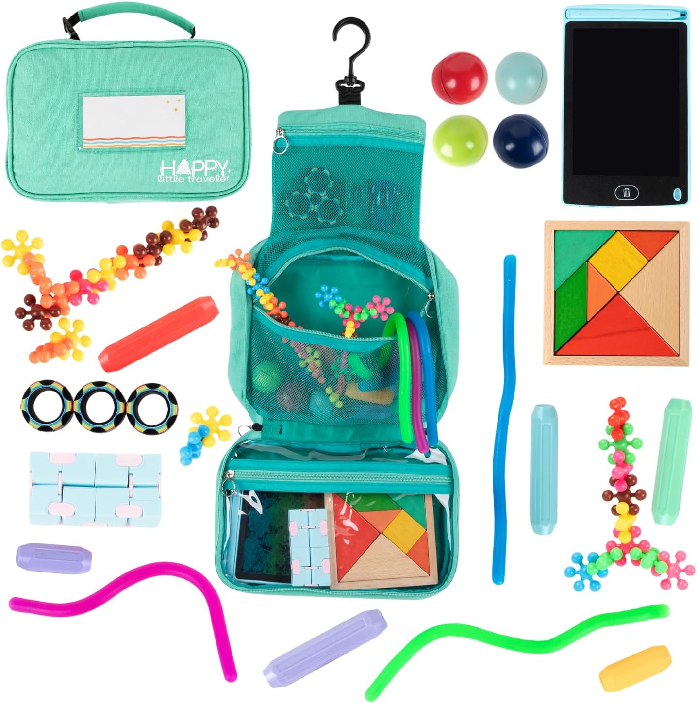 Travel Essentials for Kids – All-in-One Activity Kit for Travel, Road Trip Activities for Kids - Hanging Bag, Includes Toys and Activities for Airplanes, Hotels - Boys & Girls 4+ Years (Seafoam)