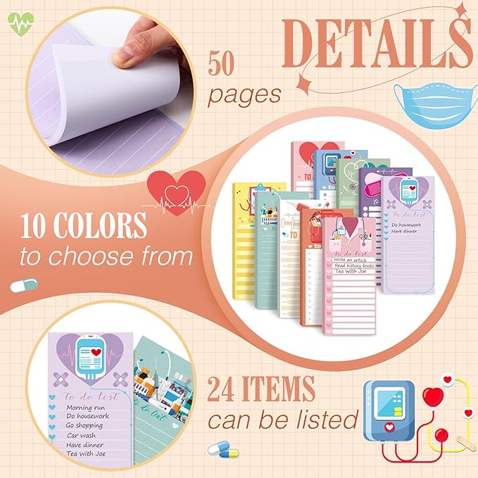 Censen 10 Pack 500 Sheets To Do List Notes Daily Checklist Notepads with 50 Sheets Each Undated Color Memo Pad Block Shopping List Pad Weekly Plan Notepad Organizer Planners(Colorful,Nurse)