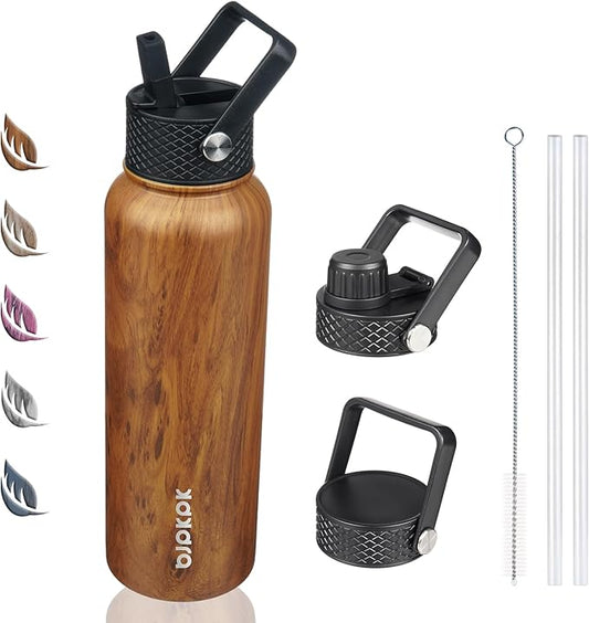 BJPKPK Insulated Water Bottles with Straw Lid, 40oz Stainless Steel Water Bottles with 3 Lids, BPA Free Leakproof Thermo, Tumblers, Cups for Sports, Gym- Teakwood