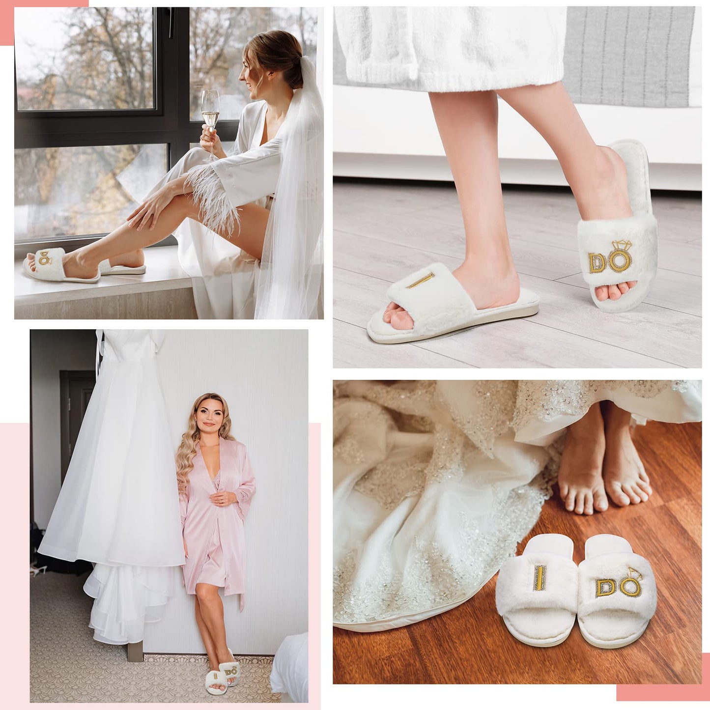 Toulite 6 Pcs Bridal Shower Gift Set Including Slide Slippers Wedding Tote Pearl Rhinestone Cosmetic Bag Bridal Robe Wedding Tumbler Ceramic Jewelry Dish Tray for Engagement Bachelorette Party