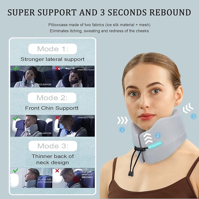 GOLDORANGE Travel Pillow Flight Neck Pillows Best Memory Foam Neck Pillows for Sleeping Airplane Car Home Office Chin Head Support Rest Travel Essentials with Compact Carry Bag Grey S
