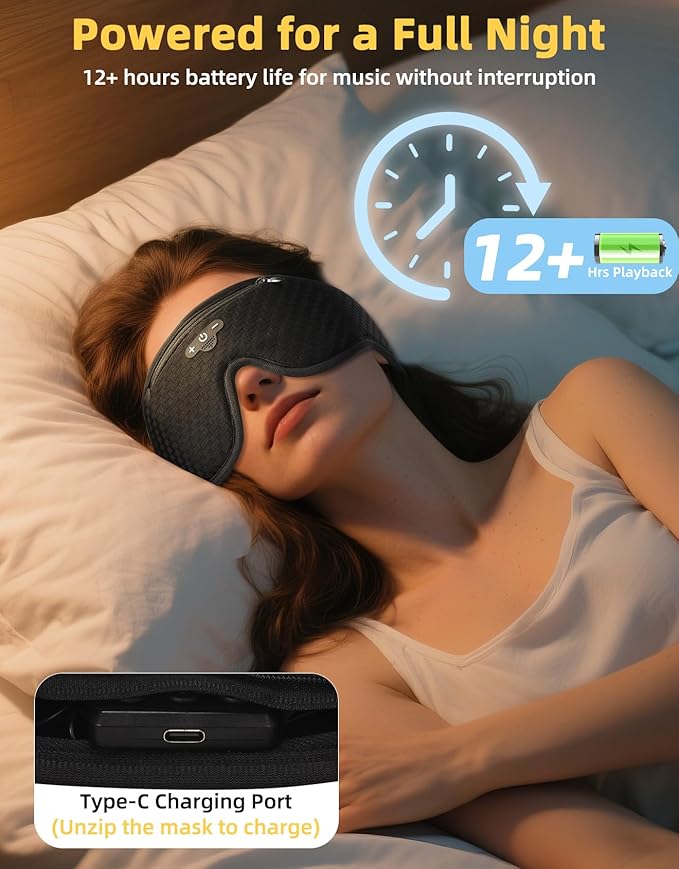 3D Contoured Sleep Mask with Bluetooth Headphones, Adjustable Blackout Sleeping Mask, 1-Hour Timer Sleeping Headphones with Thin Stereo Speakers for Men, Women, Gift - Black