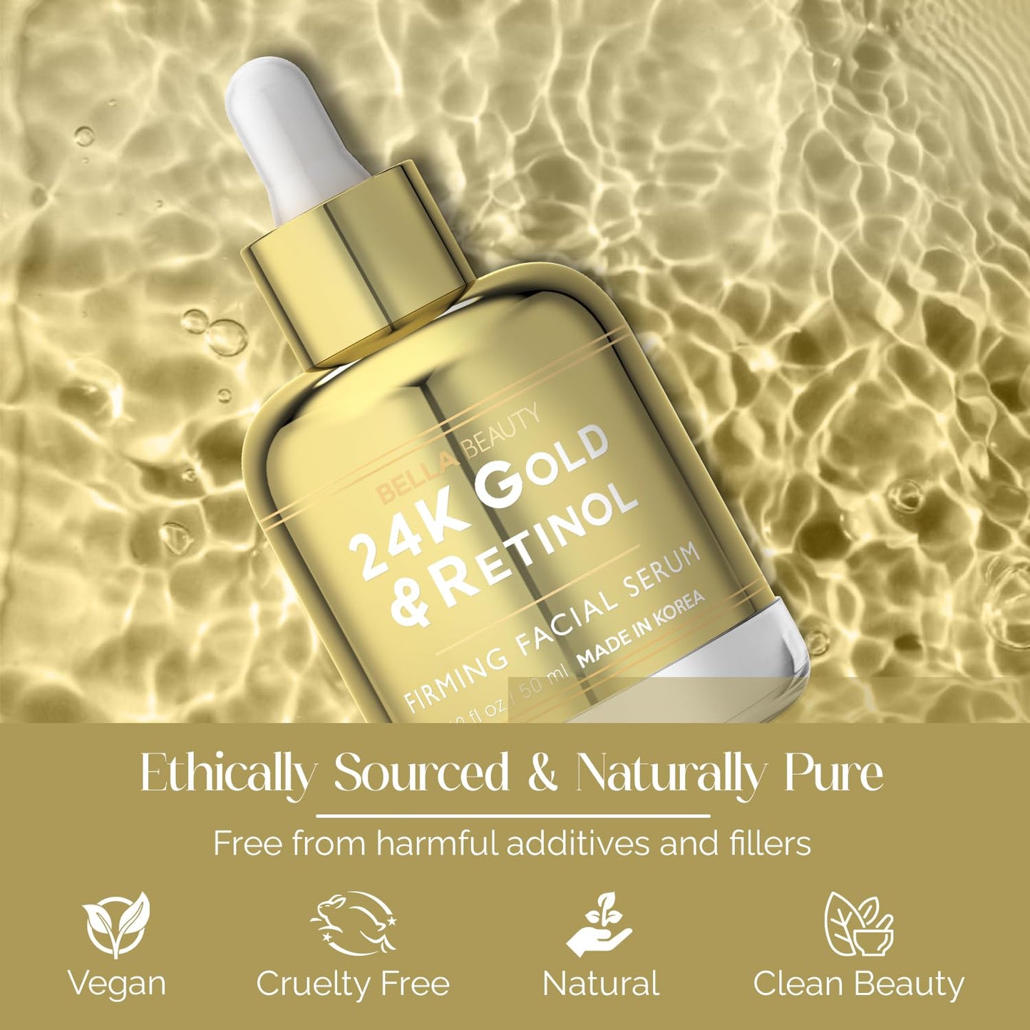 Bella Beauty 24K Gold & Retinol Face Serum - Reduces Age Spots, Fine Lines & Wrinkles, Lifting & Firming - Dermatologist Tested, Cruelty-Free Korean Skin Care for All Skin Types - 1.69 Fl. Oz