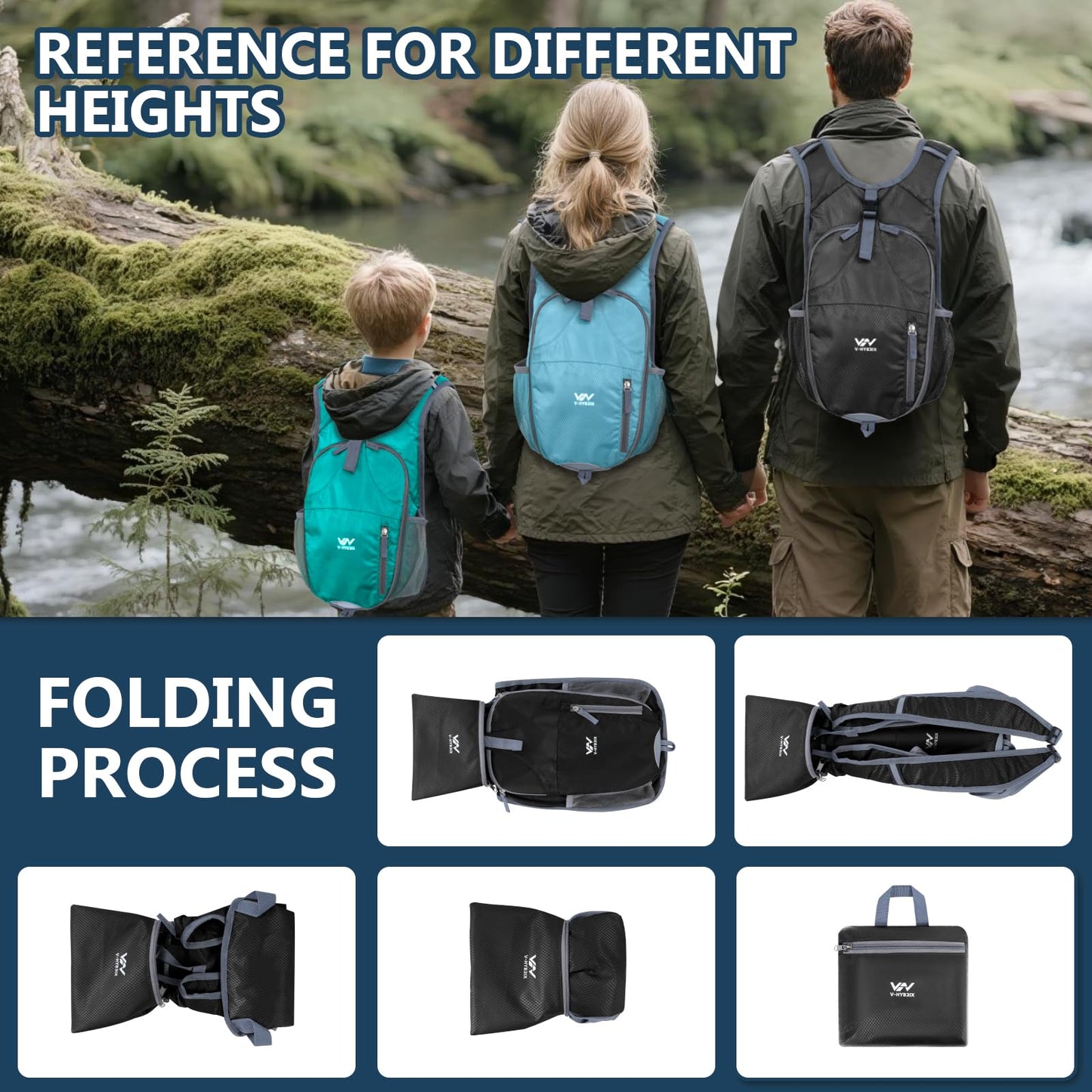 VHYBRIX 15L Lightweight Packable Hiking Backpack - Small Foldable Travel Daypack Outdoor Shoulder Bag Camping Waterproof Backpack for Women Men - Black