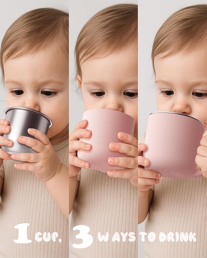 2-IN-1 Open Toddler Cups, Stainless Steel Baby Cup + Silicone Training Cup for Toddlers Kids Babys Drinking Water, No Plastic | No Soap Smell | Shock-Proof, 2-Pack Blush/Lilac