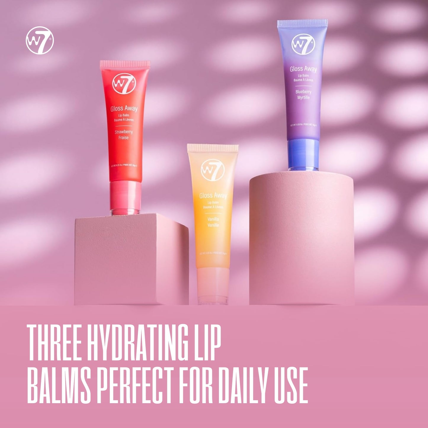 W7 Gloss Away Trio - Hydrating Lip Balm Gift Set with Shea Butter & Fruit Extracts - Restores Chapped & Dry Lips - Vegan & Cruelty-Free - Blueberry, Vanilla, Strawberry