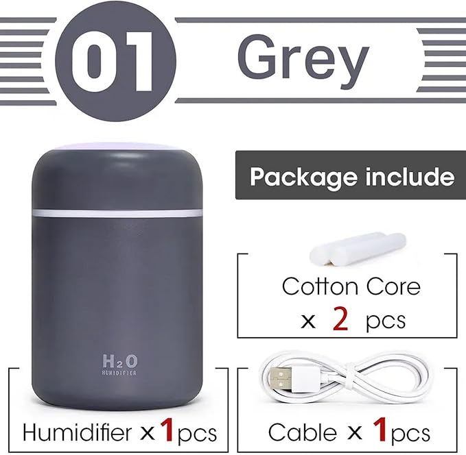 Portable Mini Humidifier, Colorful, Cool Mist, USB Powered. Perfect for Bedroom, Office & Car (300ml, Gray)