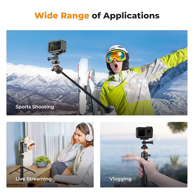 K&F CONCEPT Selfie Stick Tripod, 60cm/23.6" Extendable Ball Head Vlog Selfie Stick Handle for GoPro Hero 13/12/11 Max2 DJI Osmo 360 Pocket 3 Action 5 Pro iPhone 17.