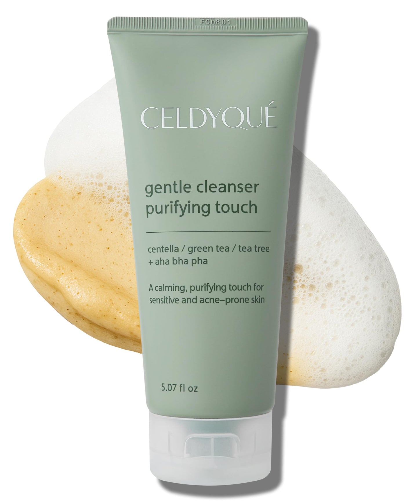 CELDYQUE Gentle Cleanser Purifying Touch – Centella, Tea Tree & Green Tea | AHA BHA PHA Exfoliating Face Wash for Sensitive, Acne-Prone Skin | Calming, Pore Purifying Korean Cleansing Foam, 5.07 fl oz