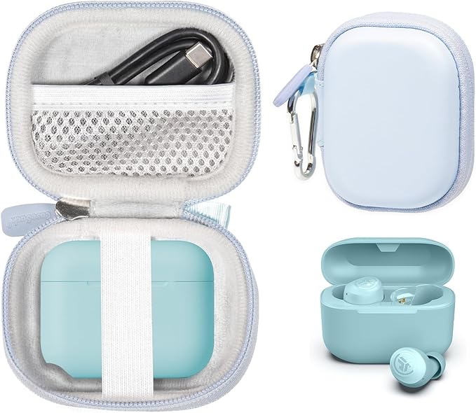 CaseSack Case for JLab Go Pop+,Go Air Pop, Air, Air Tones+/ Tones, JBuds Mini True Wireless Earbuds, Compact Organizer for The Charger case and Charger Cord (Blue)
